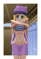  1girl blonde_hair blush border breasts changing_room closed_mouth commentary_request cowboy_shot derivative_work digimon digimon_frontier els_(ljhlee12) green_eyes groin hair_between_eyes hat highres indoors korean_commentary long_hair looking_at_viewer medium_breasts navel no_bra open_clothes open_vest orimoto_izumi pencil_skirt purple_hat purple_skirt purple_vest screenshot_redraw shelf shirt short_sleeves sidelocks skirt solo standing stomach striped_clothes striped_shirt underboob undressing vest white_border 