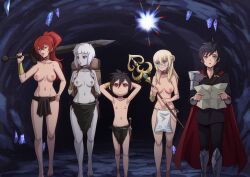  1boy 4girls absurdres arms_behind_head backpack bag barefoot black_hair blonde_hair blue_eyes bracelet braid breasts cave colored_skin commission commissioner_upload crown_braid crystal drow embarrassed flat_chest grey_skin groin highres huge_filesize jewelry knife large_breasts light_ball loincloth loli long_hair long_pointy_ears magic map medium_breasts multiple_girls nipples pointy_ears ponytail red_eyes red_hair serious short_hair slave staff standing sword tattoo the_dark_mangaka topless walking weapon white_hair 