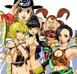  5girls amazon_warrior animal aphelandra arrow_(projectile) bikini black_hair blonde_hair blunt_bangs breasts brown_hair cape chiroru_shimai cigarette cleavage commentary_request cropped_jacket epaulettes fangs forked_tongue hair_bun hat hood hooded_cape long_hair looking_at_viewer marguerite_(one_piece) multiple_girls neckerchief one_eye_closed one_piece ran_(one_piece) red_neckerchief rindou_(one_piece) short_hair simple_background smile snake sweet_pea_(one_piece) swimsuit tongue twintails upper_body white_background 