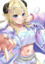  1girl absurdres animal_ears belt blonde_hair blue_hair blue_nails blue_shorts cropped_shirt hair_ornament hairpin highres hololive horns long_hair looking_at_viewer multicolored_hair nail_polish navel official_alternate_costume purple_eyes sheep_ears sheep_girl sheep_horns shirt shorts sidelocks smile solo streaked_hair tsunomaki_watame tsunomaki_watame_(8th_costume) user_juhv8242 v virtual_youtuber white_background white_belt white_shirt white_shorts 
