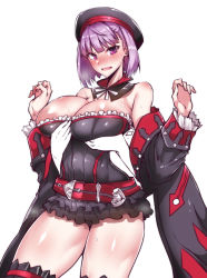 1girl :d absurdres aged_up alternate_breast_size bare_shoulders belt beret black_lan blush breasts cleavage fate/grand_order fate_(series) frills gggg grabbing grabbing_from_behind groping hat helena_blavatsky_(fate) helena_blavatsky_(third_ascension)_(fate) highres jacket large_areolae large_breasts off_shoulder open_mouth purple_eyes purple_hair short_hair simple_background smile solo sweat thighhighs white_background rating:Questionable score:38 user:danbooru