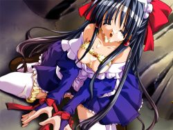  1girl aftersex black_hair breasts cum cum_on_body cum_on_breasts cum_on_upper_body closed_eyes facial game_cg little_my_maid long_hair maid mari_(little_my_maid) open_mouth panties panties_around_leg rape red_ribbon ribbon solo tears underwear 
