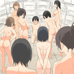 1boy 6+girls age_difference arms_behind_back ass back barefoot black_hair blush breasts brown_hair completely_nude crossed_arms embarrassed erection faceless faceless_female faceless_male hair_bun hair_ornament hairclip hands_on_own_hips high_ponytail indoors kneeling leaning_forward long_hair medium_breasts migchip multiple_girls nape nipples nude on_floor onee-shota original penis ponytail shelf short_hair shota shoulder_blades sidelocks single_hair_bun sketch small_breasts standing sweat testicles uncensored rating:Explicit score:368 user:danbooru