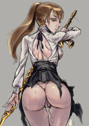  ass backless_shirt black_skirt blunt_bangs breasts brown_hair cleft_of_venus closed_mouth colored_eyelashes covered_erect_nipples cowboy_shot grey_eyes high_ponytail holding holding_sword holding_weapon long_hair long_sleeves looking_to_the_side medium_breasts musen-shiki_sanhankikan original ornate_weapon pussy pussy_juice shirt simple_background skirt sweat sword torn_clothes torn_skirt uncensored weapon white_shirt 