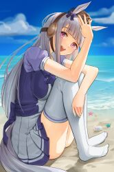 1girl 33zuku :d absurdres animal_ears beach blue_bow blue_bowtie blue_sky blunt_bangs blush bow bowtie breasts brown_headwear cloud commentary day from_side full_body gold_ship_(umamusume) grey_hair hand_up highres horse_ears horse_girl horse_tail hugging_own_legs knees_up large_breasts legs long_hair looking_at_viewer looking_to_the_side mouse_(animal) no_shoes ocean open_mouth outdoors pillbox_hat pleated_skirt puffy_short_sleeves puffy_sleeves purple_eyes purple_shirt sand school_uniform shadow shirt short_sleeves sitting skirt sky smile solo starfish tail teeth thighhighs tracen_school_uniform umamusume upper_teeth_only water white_skirt white_thighhighs