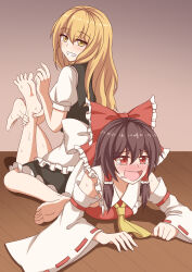  2girls absurdres apron ascot barefoot blonde_hair blush bow brown_hair commentary_request detached_sleeves frilled_bow frilled_hair_tubes frills girl_on_top grin hair_bow hair_tubes hakurei_reimu highres holding_another&#039;s_foot kirisame_marisa long_hair lying multiple_girls no_headwear on_stomach open_mouth piaoluo_de_ying_huaban puffy_short_sleeves puffy_sleeves red_bow red_eyes ribbon-trimmed_sleeves ribbon_trim short_sleeves sitting smile sweat tears tickling tickling_feet touhou waist_apron yellow_ascot yellow_eyes 