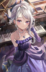  1girl arm_behind_back arm_support bare_shoulders blue_archive blush breasts bright_pupils cleavage closed_mouth collarbone commentary cowboy_shot demon_horns dress drop_earrings earrings elbow_gloves eyelashes gem glint gloves grey_hair hair_bun hand_up happy highres hina_(blue_archive) hina_(dress)_(blue_archive) horns instrument jewelry light_particles lips long_dress long_hair looking_at_viewer mismatched_pupils necklace parted_bangs pearl_necklace piano purple_dress purple_eyes purple_gemstone purple_gloves single_hair_bun sitting small_breasts smile solo strapless strapless_dress suidou_chaahan tsurime 