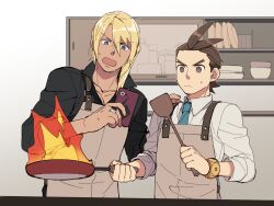  2boys ace_attorney antenna_hair apollo_justice apron aqua_necktie black_shirt blonde_hair blue_eyes bowl bracelet brown_eyes brown_hair cellphone closed_mouth collared_shirt cupboard dark-skinned_male dark_skin failure fire flambe forked_eyebrows frying_pan grey_apron hair_between_eyes hand_on_another&#039;s_shoulder holding holding_frying_pan holding_phone holding_spatula indoors jewelry kitchen klavier_gavin male_focus multiple_boys necktie nennen_(nene19515) open_collar open_mouth phone popped_collar shirt sleeves_rolled_up smartphone spatula sweat upper_body v-shaped_eyebrows 