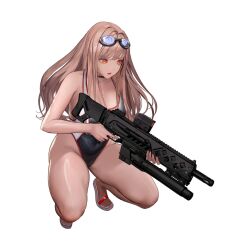  1girl absurdres bare_arms bare_legs bare_shoulders black_choker black_one-piece_swimsuit breasts brown_hair choker competition_swimsuit covered_navel curvy feet full_body goddess_of_victory:_nikke goggles goggles_on_head gun highleg highleg_swimsuit highres holding holding_gun holding_weapon hyulla kim_hyung_tae large_breasts legs light_brown_hair long_hair looking_at_viewer official_alternate_costume official_art one-piece_swimsuit orange_eyes parted_lips rapi_(classic_vacation)_(nikke) rapi_(nikke) sandals shiny_skin solo squatting swim_goggles swimsuit tachi-e thighs toenails toes transparent_background two-tone_swimsuit weapon wide_hips 