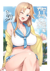  ;d bare_legs bare_shoulders breasts cardigan cleavage crossed_legs highres idolmaster idolmaster_cinderella_girls idolmaster_cinderella_girls_starlight_stage large_breasts matsumoto_sarina midriff navel off_shoulder one_eye_closed open_mouth sailor_bikini sailor_collar sian smile sweater  rating:Sensitive score:13 user:retrospectrum