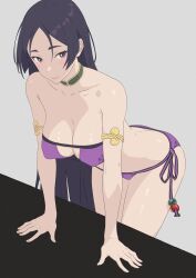  1girl absurdres artist_request bare_arms bare_shoulders bikini blush breasts choker cleavage closed_mouth collarbone commentary_request fate/grand_order fate_(series) grey_background highres leaning_forward lips looking_at_viewer medium_breasts minamoto_no_raikou_(fate) minamoto_no_raikou_(fate/grand_order) minamoto_no_raikou_(swimsuit_lancer)_(fate) parted_bangs purple_bikini purple_eyes purple_hair shiny_skin side-tie_bikini_bottom smile solo swimsuit thighs 