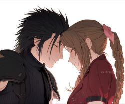  1boy 1girl aerith_gainsborough armor black_hair braid braided_ponytail brown_hair closed_eyes closed_mouth commentary commission couple crisis_core_final_fantasy_vii drill_hair drill_sidelocks final_fantasy final_fantasy_vii final_fantasy_vii_rebirth final_fantasy_vii_remake forehead-to-forehead from_side hair_ribbon hair_slicked_back heads_together highres jacket light_blush long_hair parted_bangs pink_ribbon profile red_jacket ribbon short_sleeves shoulder_armor sidelocks sleeveless sleeveless_turtleneck smile sophie_(693432) spiked_hair sweater turtleneck turtleneck_sweater upper_body white_background zack_fair 