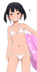 1girl bare_shoulders bikini black_hair brown_eyes bubukka clenched_teeth collarbone eighth_note female_focus flat_chest gluteal_fold grin holding innertube loli looking_at_viewer mole mole_under_mouth musical_note navel original short_hair side-tie_bikini_bottom simple_background smile solo standing swim_ring swimsuit teeth twintails white_background white_bikini rating:Questionable score:70 user:Domestic_Importer