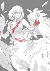 1girl absurdres bird_wings blood blood_on_clothes collared_shirt cowboy_shot dungeon_meshi falin_touden falin_touden_(chimera) feathered_wings feathers grey_background greyscale hands_up highres kyo_(krokikyon) long_sleeves looking_at_viewer monochrome monster_girl shirt short_hair simple_background smile solo spot_color taur wings 