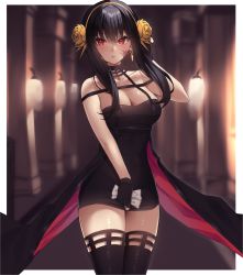  1girl bare_shoulders black_dress black_gloves black_hair black_thighhighs blood blood_on_face border breasts cleavage dress earrings flower gloves gold_earrings gold_hairband hair_flower hair_ornament hairband highres holding jewelry large_breasts long_hair looking_at_viewer red_eyes rose short_dress spy_x_family standing thighhighs thighs two-sided_dress two-sided_fabric vitaminechan white_border yor_briar  rating:Sensitive score:27 user:danbooru