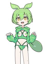  1girl :3 blush breasts breasts_out commentary embarrassed green_hair heart_pasties highres long_hair long_sleeves looking_at_viewer low_ponytail navel open_mouth pasties pea_pod revealing_clothes shrug_(clothing) simple_background sleeves_past_wrists small_breasts smile solo sweat symbol-only_commentary voicevox white_background yellow_eyes ynm_28 zundamon 