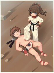  1boy 1girl absurdres barefoot belt black_belt blue_eyes breath brown_hair chinese_commentary closed_eyes commentary_request commission dougi femdom fingerless_gloves gloves hands_on_own_hips highres kuma-bound male_underwear mixed-sex_combat navel open_mouth original pants pixiv_commission ponytail pout red_gloves reverse_ryona short_hair shota stepped_on toes underwear white_male_underwear white_pants 