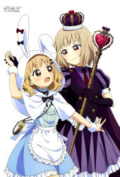  2girls absurdres alice_in_wonderland analog_clock animal_ears animal_hood apron arm_up black_gloves black_vest blue_dress blunt_bangs blush brown_eyes buttons clock closed_mouth collared_dress cosplay crown double-breasted dress frilled_apron frills gloves highres hokkaido_azmacy_inc. holding_hands holding_mace hood light_brown_hair looking_at_another magazine_scan megami_magazine multiple_girls necktie official_art oomuro-ke oomuro_nadeshiko oomuro_sakurako open_mouth purple_dress rabbit_ears red_necktie scan short_hair siblings sisters smile vest weapon white_apron white_rabbit_(alice_in_wonderland) yuru_yuri 