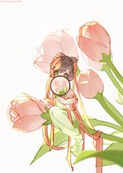 1girl artist_name brown_hair chinese_clothes chinese_commentary commentary covering_own_mouth flower full_body green_eyes hair_bun hand_fan highres holding holding_fan littletreeee long_hair long_sleeves looking_at_viewer mini_person minigirl pink_flower qixiong_ruqun rosa_(tears_of_themis) ruqun simple_background single_hair_bun solo tears_of_themis tuanshan white_background