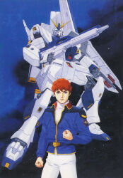  1990s_(style) 1boy amuro_ray beam_rifle char&#039;s_counterattack clenched_hands commentary curly_hair energy_gun english_commentary gundam hi-nu_gundam highres jacket kitazume_hiroyuki looking_at_viewer mecha military military_uniform mobile_suit nebula official_art painting_(medium) red_hair retro_artstyle robot scan serious space star_(symbol) starry_background traditional_media uniform v-fin weapon 