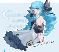 1girl :d arms_behind_back asami_okutoshioku bare_shoulders black_bow black_dress black_sleeves bow breasts character_name crescent_moon detached_sleeves dress drill_hair green_eyes green_hair grey_dress gwen_(league_of_legends) hair_bow league_of_legends long_hair looking_at_viewer medium_breasts moon off-shoulder_dress off_shoulder open_mouth smile twin_drills twintails rating:Sensitive score:8 user:danbooru