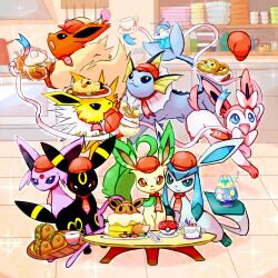 artist_request blonde_hair blue_eyes blue_hair bow buneary cake colored_sclera creatures_(company) cup curry diglett drink eevee espeon fang fins flareon food forehead_jewel game_freak gen_1_pokemon gen_2_pokemon gen_3_pokemon gen_4_pokemon gen_6_pokemon gen_7_pokemon glaceon hat jolteon leafeon markings mouth_hold nintendo open_mouth pachirisu pikachu plate pokemon pokemon_(creature) pokemon_cafe_remix purple_hair red_sclera ribbon rowlet sidelocks smile swablu sylveon table taco umbreon vaporeon