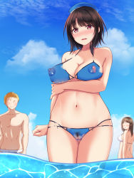 1boy 2girls ass bikini blonde_hair blue_headwear blush bodypaint breasts brown_hair cleft_of_venus cloud collarbone drawstring embarrassed from_behind grin hair_ornament hairclip hat kantai_collection large_breasts long_hair looking_down male_swimwear mobukichi multiple_girls navel nipples no_eyes nude ocean open_mouth painted_clothes pink_eyes pubic_hair pussy sailor_hat short_hair sky smile standing sweatdrop swim_trunks swimsuit takao_(kancolle) teeth topless_male wading water white_bikini white_male_swimwear white_swim_trunks rating:Explicit score:71 user:cpee