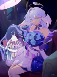  1girl armchair artist_name bare_shoulders birdcage blue_dress blue_flower blue_rose bouquet cage chair detached_collar detached_sleeves dogebot dress elbow_gloves feet_out_of_frame flower from_side gloves green_eyes halo head_wings highres holding holding_bouquet honkai:_star_rail honkai_(series) indoors leaf long_hair looking_at_viewer marking_on_cheek on_chair purple_hair robin_(honkai:_star_rail) rose signature single_hair_intake sitting smile solo white_gloves wings 