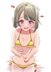  1girl @_@ absurdres bare_shoulders bikini blush breasts collarbone commentary_request crescent crescent_hair_ornament gold_bikini grey_hair hair_ornament highres looking_at_viewer love_live! love_live!_nijigasaki_high_school_idol_club midriff nakasu_kasumi navel open_mouth petite red_eyes short_hair signature small_breasts solo standing swimsuit upper_body wavy_mouth whin white_background 