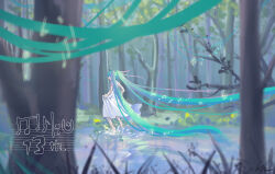  1girl absurdly_long_hair anniversary barefoot beamed_eighth_notes blue_hair character_name commentary day dress forest hatsune_miku highres long_hair musical_note nature open_mouth outdoors running scenery skirt_hold smile solo splashing tree twintails ufourty variant_set very_long_hair vocaloid water wide_shot 