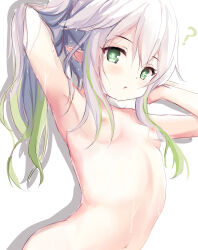  1girl ? absurdres armpits arms_behind_head arms_up blush breasts completely_nude female_focus genshin_impact gradient_hair green_eyes green_hair hamiro hand_in_own_hair highres loli long_hair multicolored_hair nahida_(genshin_impact) navel nipples nude pointy_ears side_ponytail small_breasts solo stomach sweat topless upper_body white_hair  rating:Questionable score:123 user:danbooru