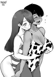  2girls breasts cowboy_shot curvy grabbing grabbing_another&#039;s_breast grabbing_from_behind highres large_breasts long_hair multiple_girls norman_maggot short_hair simple_background swimsuit white_background yuri  rating:Questionable score:28 user:kazunoleah