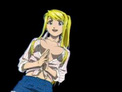  00s 1girl animated animated_gif black_background blonde_hair blue_eyes bouncing_breasts breasts denim denim_shorts fullmetal_alchemist leaning_forward long_hair looking_at_viewer lowres nipples nude_filter open_mouth ponytail shirt shorts simple_background small_breasts smile solo third-party_edit tied_shirt winry_rockbell  rating:Questionable score:154 user:sytalidis