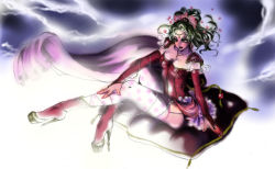  1990s_(style) 1girl bridal_gauntlets brown_eyes cape female_focus final_fantasy final_fantasy_vi full_body gradient_background green_hair high_heels imouto_hitori leotard long_hair ponytail retro_artstyle shoes shoulder_pads sitting solo thighhighs tiara tina_branford 