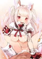  1boy 1girl absurdres animal_ear_fluff animal_ears azur_lane black_sailor_collar blush braid breasts claw_pose clothed_female_nude_male collar cowgirl_position crop_top cum cum_in_pussy dog_ears fangs fingerless_gloves fingernails gloves hand_on_another&#039;s_chest harigane_shinshi hetero highres large_breasts long_hair motion_lines navel neck_ribbon nipples nude open_mouth penis puffy_nipples puffy_short_sleeves puffy_sleeves red_collar red_eyes red_ribbon ribbon sailor_collar sex sharp_fingernails sharp_teeth short_sleeves sidelocks silver_hair single_braid slit_pupils smile stomach straddling sweat teeth thick_eyebrows thighs tongue two_side_up vaginal white_legwear yuudachi_(azur_lane)  rating:Explicit score:94 user:danbooru
