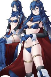  1girl ameno_(a_meno0) armor bikini blue_bikini blue_eyes blue_hair blush boots breasts cape elbow_gloves fingerless_gloves fire_emblem fire_emblem_awakening gloves hair_ornament hands_on_own_thighs long_hair lucina_(fire_emblem) multiple_views navel nintendo open_mouth shoulder_armor simple_background sitting small_breasts smile standing swimsuit symbol-shaped_pupils thigh_boots thighhighs tiara very_long_hair white_background 