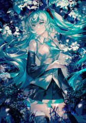  1girl bare_shoulders black_skirt black_thighhighs blue_eyes blue_hair blue_necktie blue_trim chinese_commentary collared_shirt commentary_request cowboy_shot detached_sleeves floating_hair floating_neckwear grey_background hatsune_miku highres leaf liujiang2020 long_hair looking_to_the_side necktie shirt skirt sleeveless sleeveless_shirt solo standing thighhighs twintails vocaloid white_shirt 
