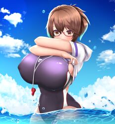  1girl absurdres black_one-piece_swimsuit breasts brown_eyes brown_hair bubble clothing_cutout cloud competition_swimsuit covered_erect_nipples covered_navel eyelashes glasses highres hood hoodie huge_breasts mameneko_(pai) mole mole_under_eye multicolored_clothes multicolored_swimsuit ocean one-piece_swimsuit original semi-rimless_eyewear short_hair sky solo sparkle swimsuit wading water wet wet_clothes wet_swimsuit whistle whistle_around_neck white_hoodie 