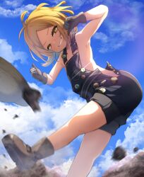  fate/grand_order fate_(series) giant giantess gloves grin half-closed_eyes hat naked_overalls overalls paul_bunyan_(fate) smile straw_hat yarareimu 