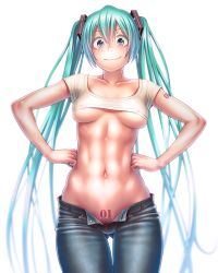  00s 1girl abs aqua_eyes aqua_hair breasts character_name covered_erect_nipples cowboy_shot denim green_hair hands_on_own_hips hatsune_miku highres jeans long_hair looking_at_viewer navel no_bra no_panties number_tattoo pants pubic_tattoo smile solo standing tattoo twintails underboob very_long_hair vocaloid white_background wokada  rating:Questionable score:150 user:danbooru