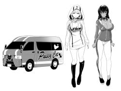 2girls boots breasts car cat character_sheet cleavage concept_art dark-skinned_female dark_skin gyaru heart hood hoodie huge_breasts jacket jewelry kidnapping large_breasts miyamoto_issa motor_vehicle multiple_girls necklace oversized_clothes pants smile sweatpants van rating:Questionable score:19 user:cheezeit
