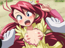1girl bestiality blue_eyes blush dog feathers flat_chest from_above hair_ornament kozeri_ai live_on_cardliver_kakeru loli long_hair looking_at_viewer lying makino_tomoyasu nipples open_mouth ponytail pov red_hair surprised tategami_wolf tears torn_clothes very_long_hair rating:Explicit score:101 user:H-Raider