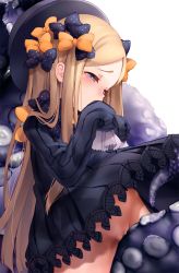 1girl abigail_williams_(fate) black_dress black_hat blonde_hair blue_eyes blush bow bug butterfly clothes_lift covering_own_mouth dress dress_lift fate/grand_order fate_(series) frottage hair_bow hat insect lifted_by_self loli long_hair looking_down no_panties orange_bow polka_dot polka_dot_bow pussy simple_background sleeves_past_wrists solo tentacles uncensored white_background yumeki