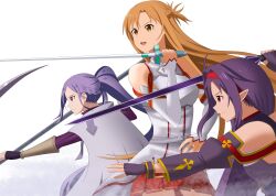  3girls armor asuna_(sao) bare_shoulders belt cloak commentary_request headband hedgehog_(harinezumi) highres holding holding_scythe holding_sword holding_weapon long_hair long_sleeves mito_(sao) multiple_girls open_mouth ponytail purple_hair red_eyes red_headband scythe simple_background sleeveless sword sword_art_online weapon white_background white_cloak yuuki_(sao) 