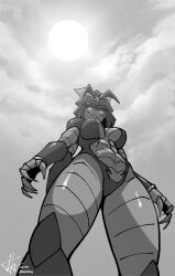  1girl @_@ antenna_hair arthropod_girl arthropod_limbs artist_name borrowed_character breasts claws cloud cloudy_sky dated exoskeleton extra_arms from_below glowing glowing_eyes greyscale highres insect_queen_(mechapen) medium_breasts monochrome original short_hair signature sky solo sun za1f0n 