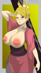  1girl blonde_hair blue_eyes blush breasts breeze_dancer clumsydrawer eyeliner huge_breasts large_areolae lipstick makeup naruto naruto_(series) naruto_online nipples pink_eyeliner pink_lips simple_background smile solo  rating:Sensitive score:1 user:ClumsyDrawer
