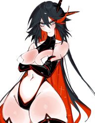  1girl black_hair black_thighhighs blue_eyes blush breasts elbow_gloves gloves highres kill_la_kill large_breasts long_hair looking_at_viewer matoi_ryuuko navel simple_background solo thighhighs usa37107692 white_background  rating:Sensitive score:44 user:danbooru