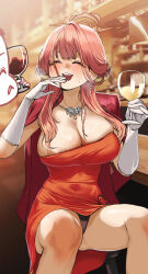  1boy 1girl absurdres alcohol aru_(blue_archive) aru_(dress)_(blue_archive) bar_(place) black_panties blue_archive blush chroong closed_eyes clothes_pull counter covered_erect_nipples cup demon_horns doodle_sensei_(blue_archive) dress dress_pull drinking_glass drunk earrings gloves halo highres holding holding_cup horns jacket jacket_on_shoulders jewelry laughing necklace open_mouth panties pantyshot pasties pink_hair red_dress sensei_(blue_archive) sitting skindentation solo_focus sweat thighs underwear wardrobe_malfunction white_gloves wine_glass 