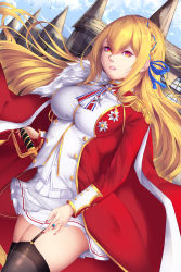  1girl azur_lane black_thighhighs blonde_hair braid breasts coat commentary_request dutch_angle epaulettes garter_straps hair_between_eyes hair_ribbon hand_on_sword highres jewelry king_george_v_(azur_lane) large_breasts long_hair looking_at_viewer medal pleated_skirt red_coat red_eyes ribbon ring shiro_usagi side_braid single_braid skirt solo sword thighhighs weapon white_skirt 