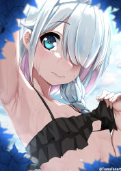 1girl 3: absurdres arm_up armpits arona_(blue_archive) bikini bikini_top_lift black_bikini blue_archive blue_eyes blue_flower blue_hair blush braid breasts closed_mouth clothes_lift collarbone day flower hair_over_one_eye highres layered_bikini lifting_own_clothes long_hair looking_at_viewer multicolored_hair outdoors pink_hair side_braid small_breasts solo swimsuit tomodachi_(tomofanart) twitter_username two-tone_hair upper_body wet rating:Questionable score:28 user:danbooru